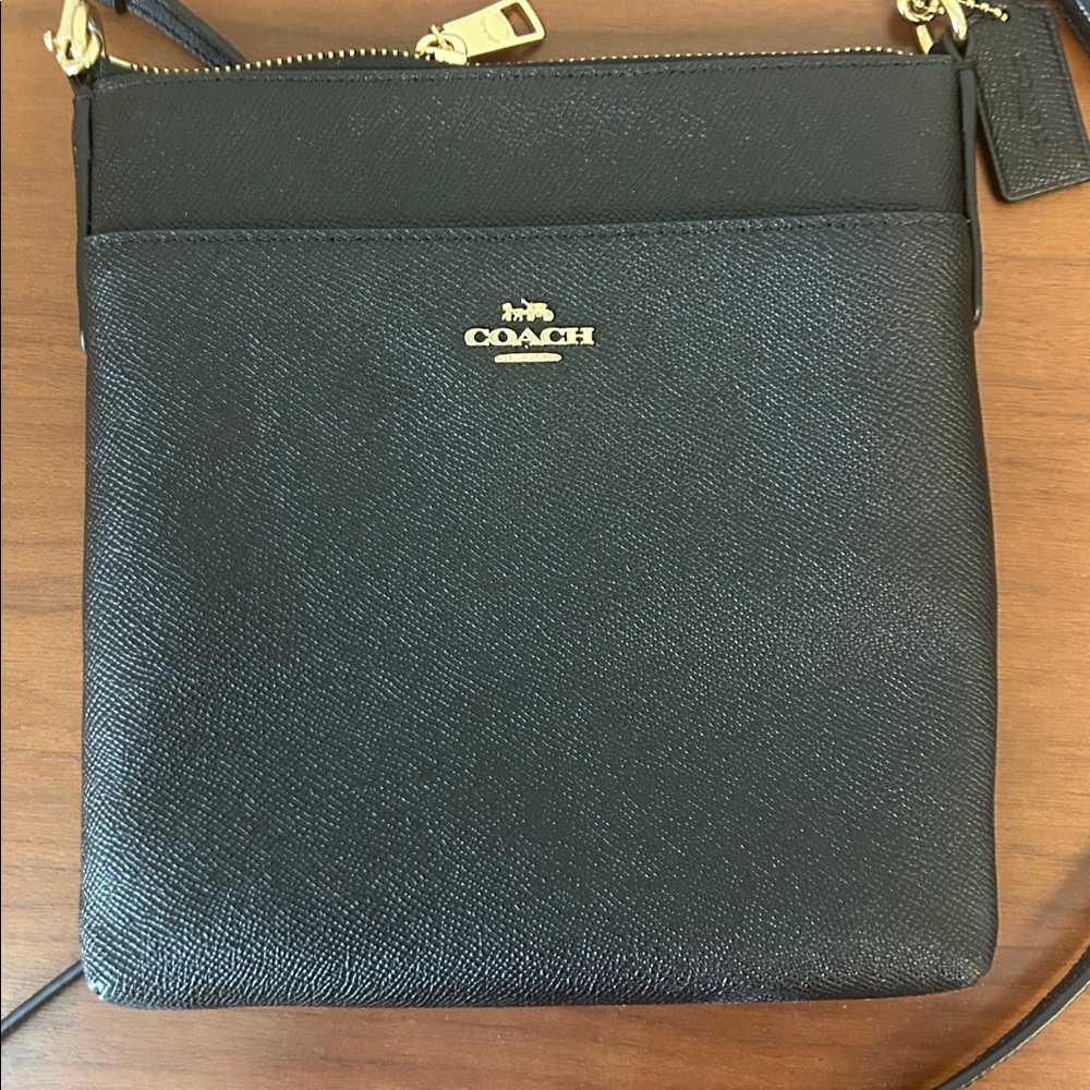 Coach Black Leather Crossbody Sling with Gold Accents